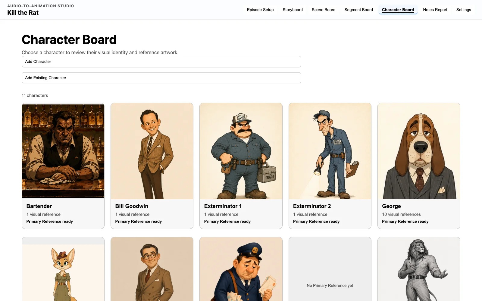 Character Board with reference portraits of the episode’s cast