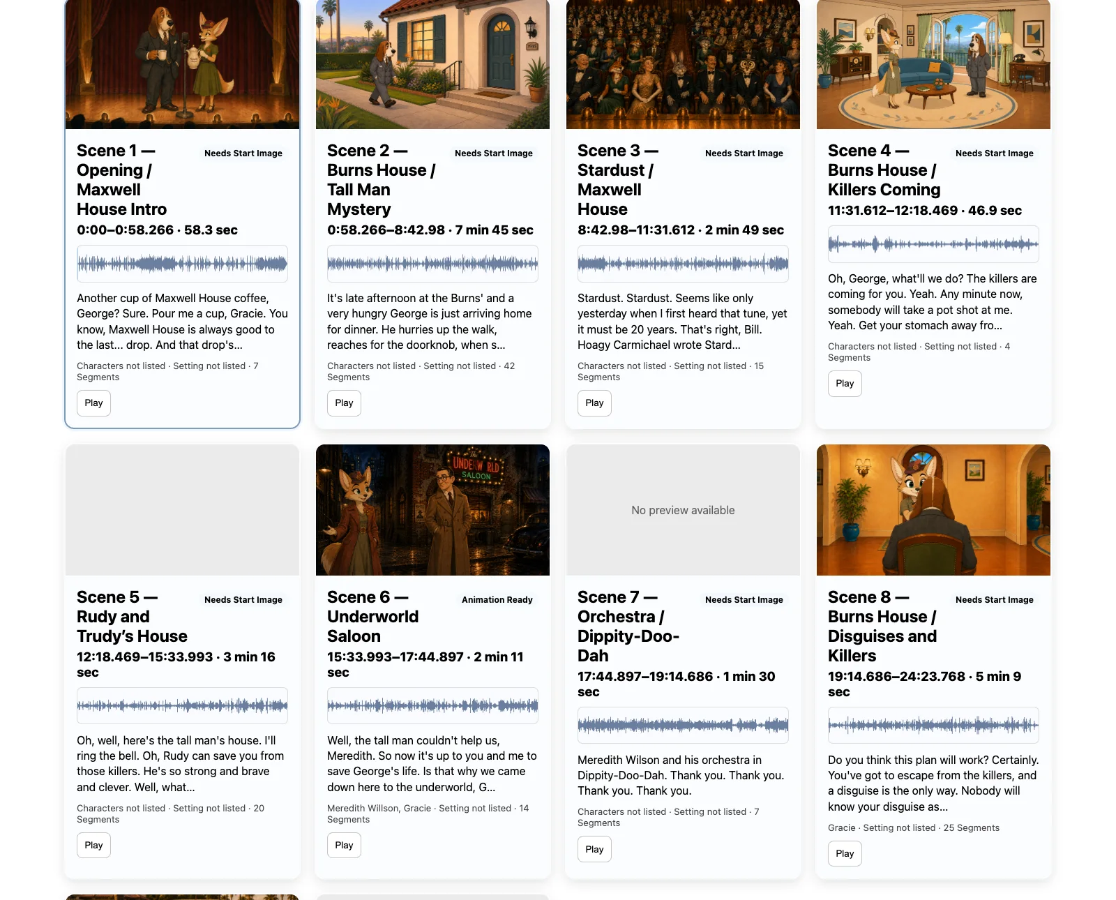 Grid of scene cards, each with a still, a time range, a waveform and the opening lines of dialogue