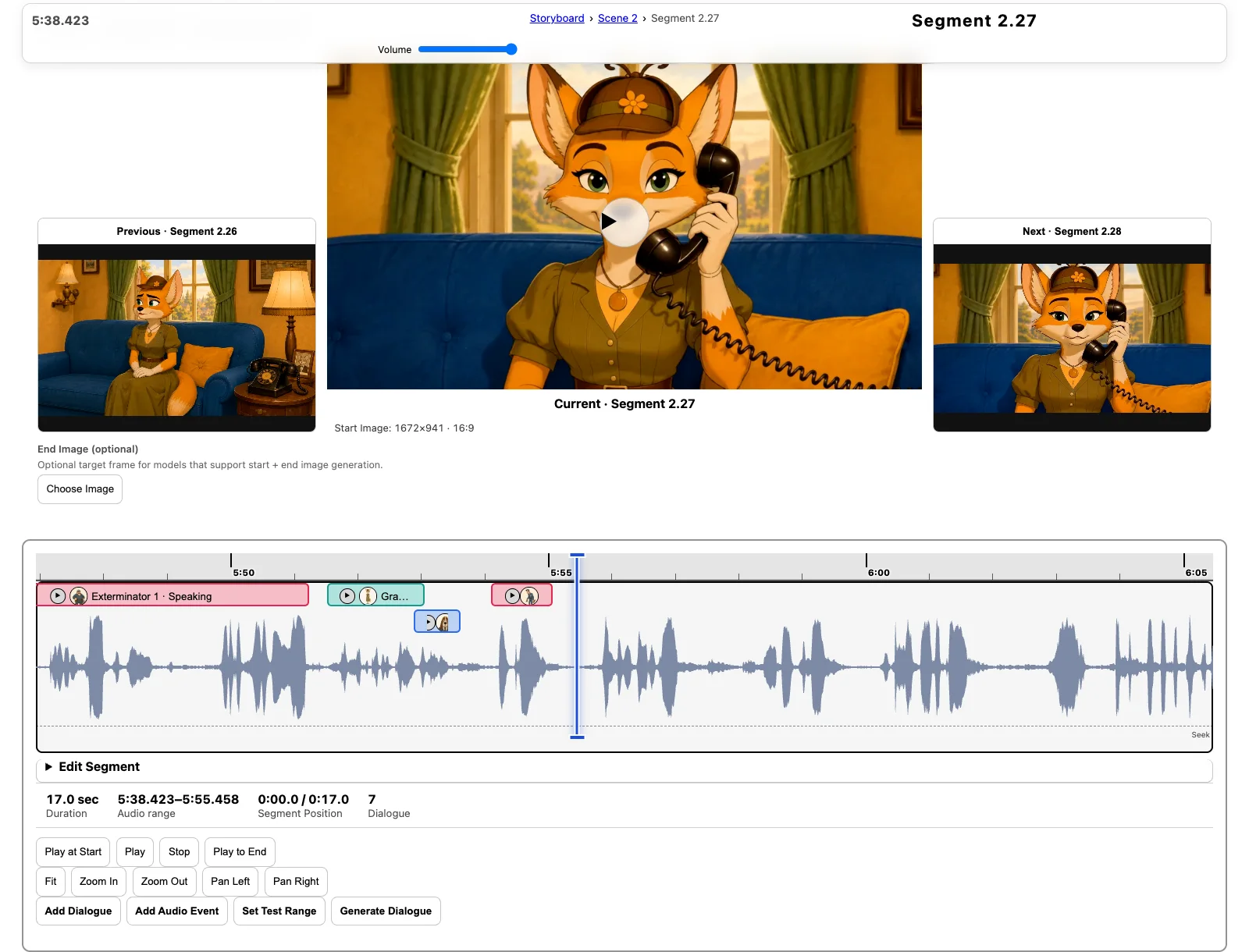 Audio-to-Animation Studio’s Segment Board: a shot of Gracie on the telephone above a waveform with each character’s dialogue marked in color