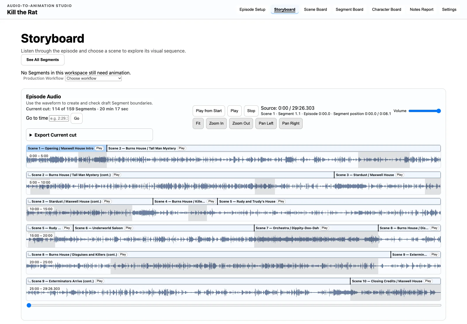 A2A Storyboard for the Kill the Rat episode: the full 29-minute recording drawn as rows of waveform, divided into labeled scenes