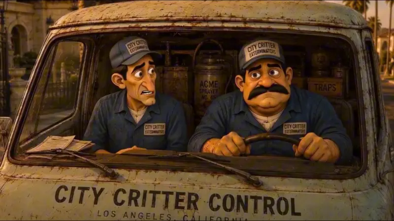 Two exterminators in the cab of a City Critter Control van
