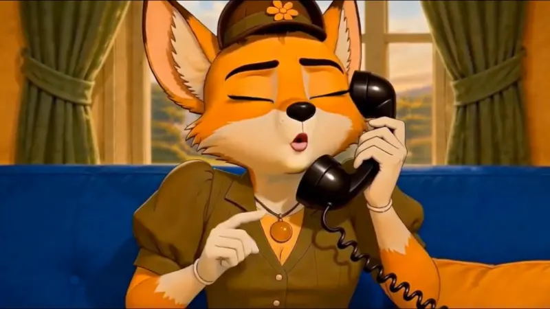 The finished animated shot of Gracie on the telephone