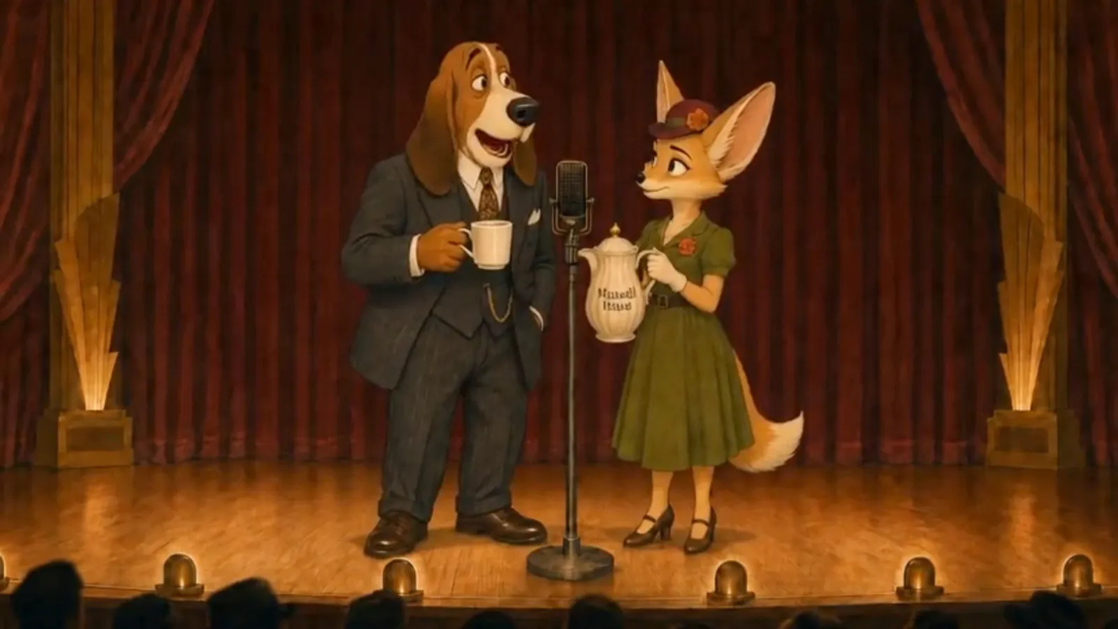 George and Gracie, drawn as a hound dog and a fox, at a vintage radio microphone on a theater stage