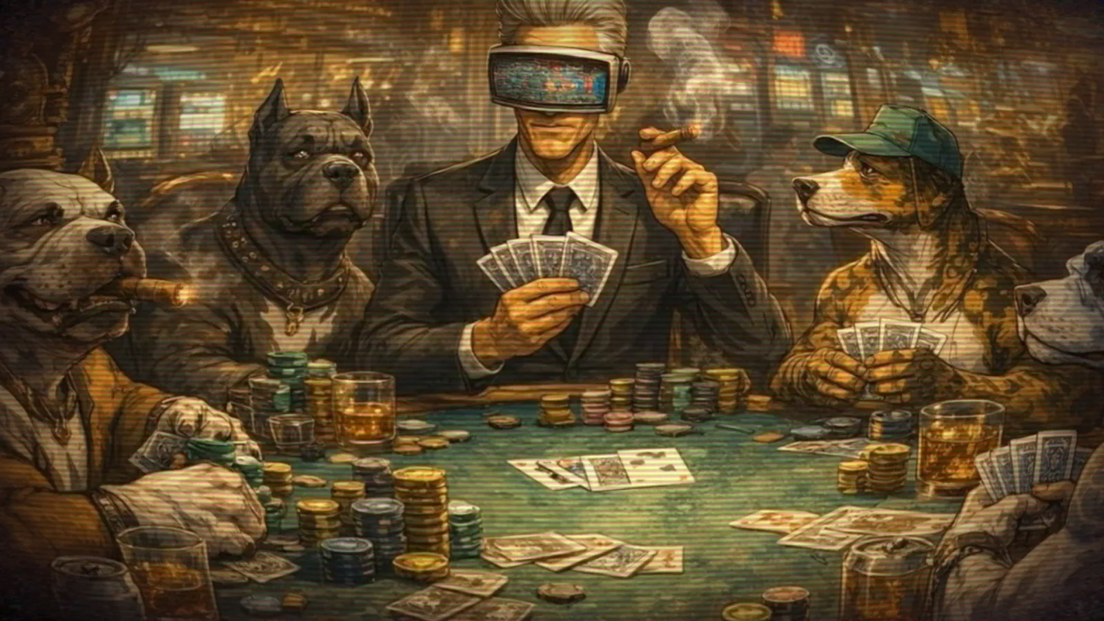 Rex Glitchman in a VR visor and dark suit, playing poker with a table of hard-bitten dogs in a smoky casino