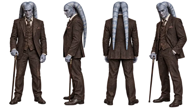 Uncle Buckles character reference, front, side and back
