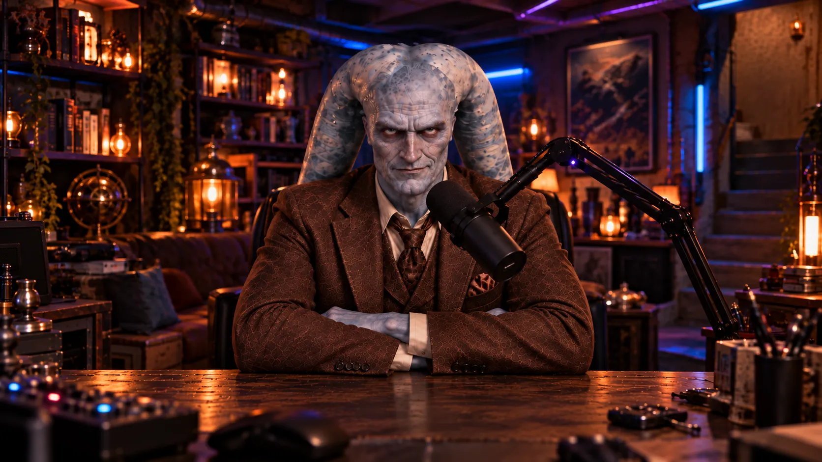 Uncle Buckles, a pale blue alien in a brown three-piece suit, behind a podcast microphone in his cluttered neon-lit studio
